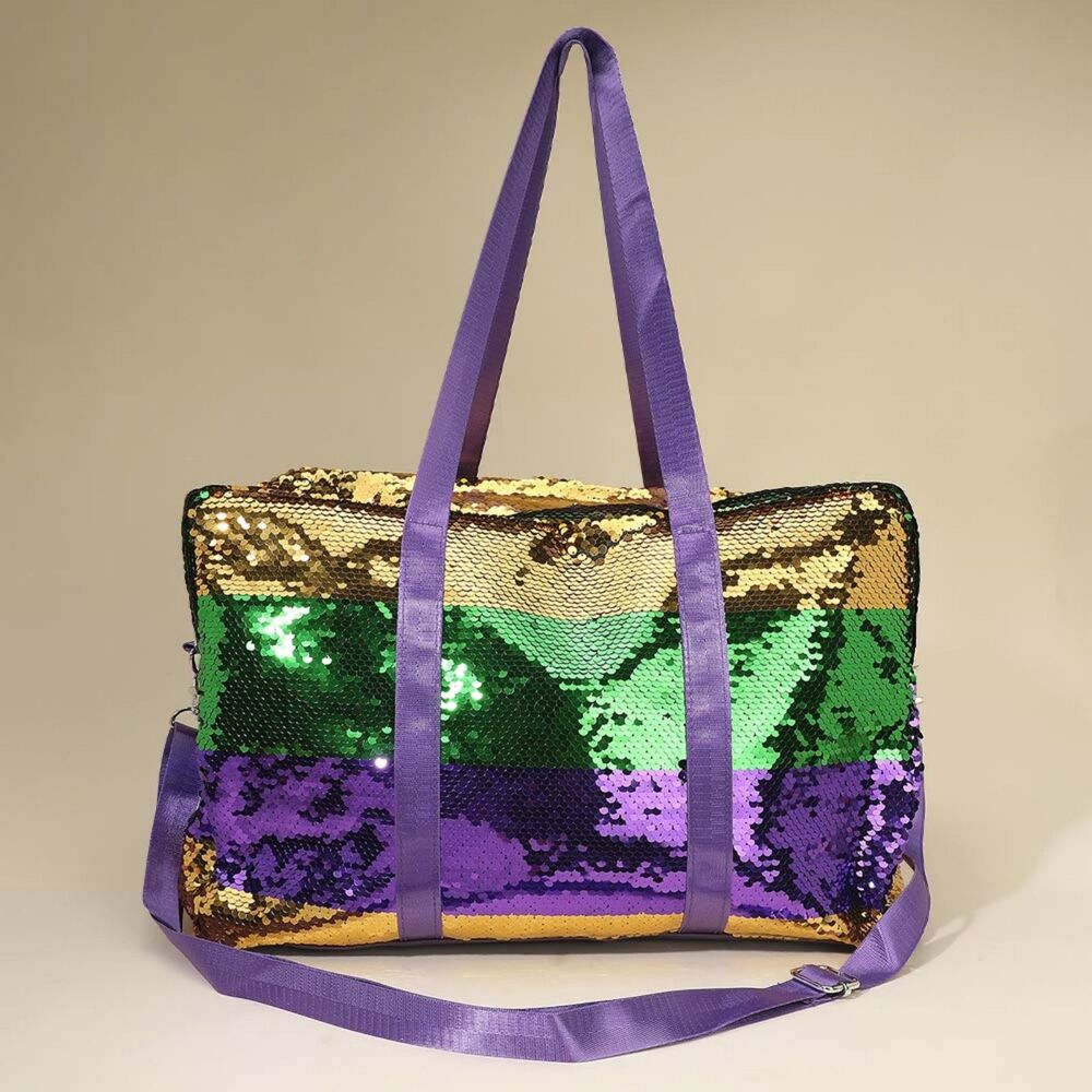 Purple Green Gold Sequin Wide Stripe Mardi Gras Tote Gym Duffle Bag Duffel